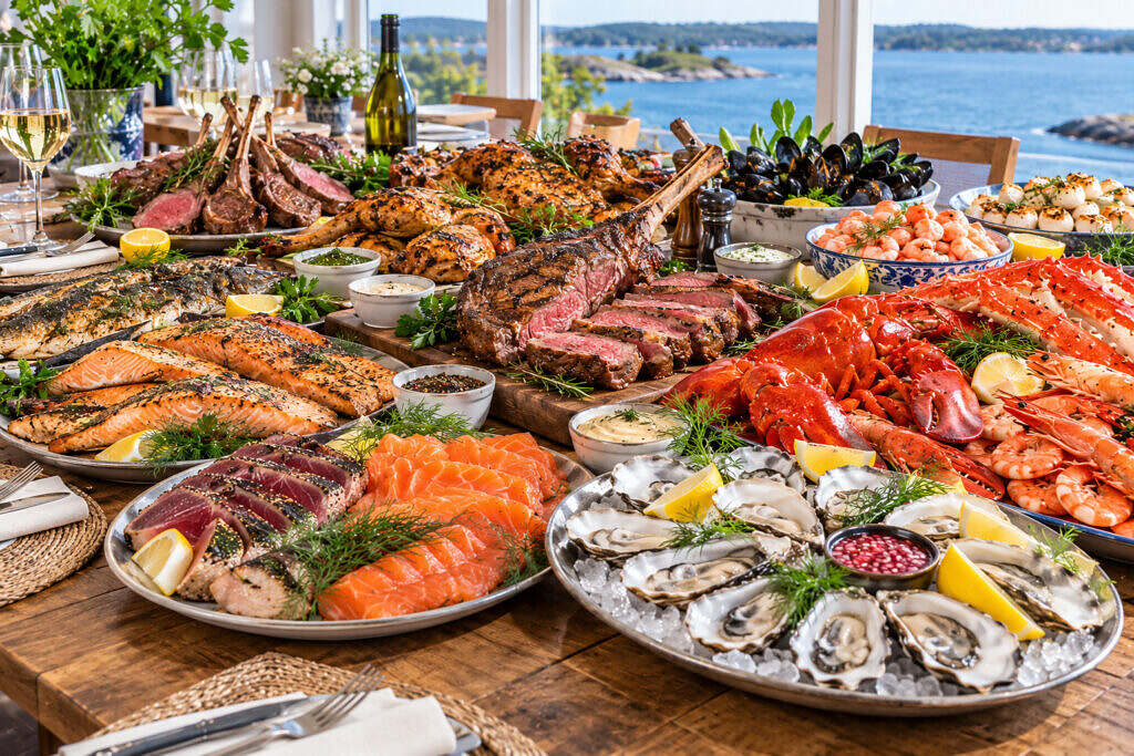 Skaldjur fisk och kött
